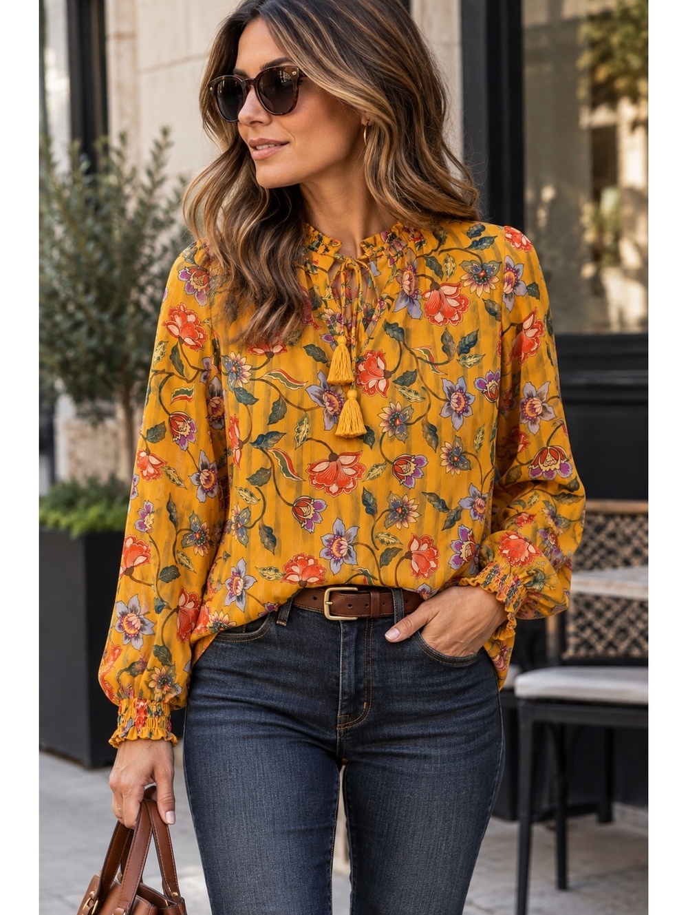 Nanette Lepore Women's Yellow Floral Long Sleeve Blouse Size S